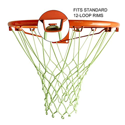 Sanung Fluorescent Basketball Nets Night Glow with 12 Loops 6 Knots All-Weather Anti-Whip Luminous Basketball Net Replacement for Indoor Outdoor Glow in the Dark, Set of 2
