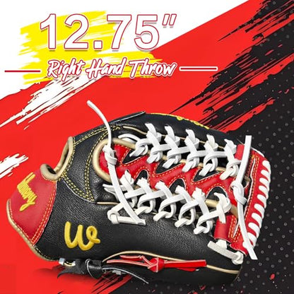 Full Grain Leather Baseball Softball Glove Adult Youth Infield Outfield - color: Red Black, size: 12.75 Inch