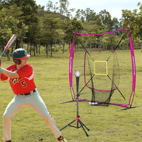 Storgem Baseball and Softball Practice Net 7×7ft Portable Hitting Pitching Batting Training Net Baseball Backstop Net and Strike Zone and Bow Frame - color: Purple