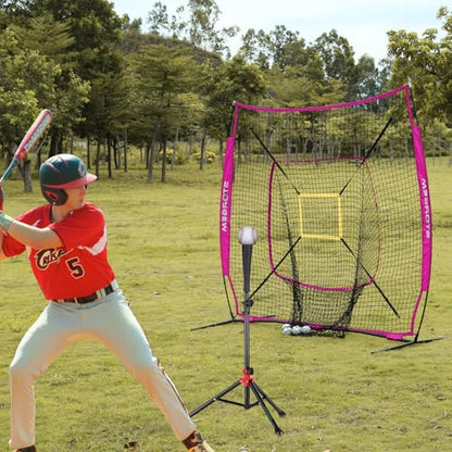 Storgem Baseball and Softball Practice Net 7×7ft Portable Hitting Pitching Batting Training Net Baseball Backstop Net and Strike Zone and Bow Frame - color: Purple