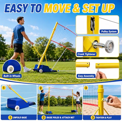 Backyard Volleyball Badminton Net Set, Portable Adjustable Net System with Built-in Wheels, Steel Poles & Fillable Base for Beach Lawn Park Games