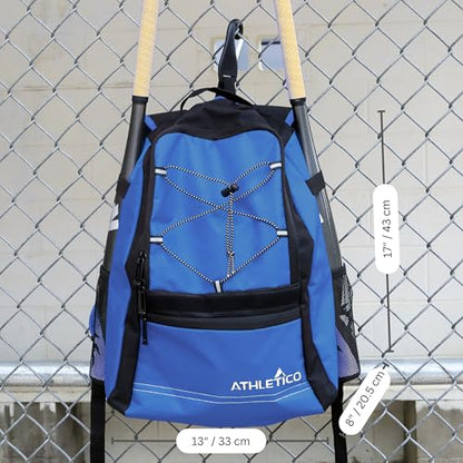 Athletico Youth Baseball Bag - Bat Backpack for Baseball, T-Ball & Softball Equipment & Gear | Holds Bat, Helmet, Glove | Fence Hook - color: Blue