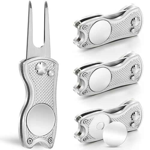 Mile High Life Golf Divot Repair Tool, All Metal Foldable Divot Tool with Pop-up Button & Magnetic Ball Marker, 2-6 Pack - color: 4 Pack Silver