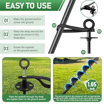 Ground Anchors Screw in - Heavy Duty Trampoline Anchors/Stakes for High Wind, 4 Pack Earth Anchor Kit with Straps and Wrenches for Swing Set, Trampolines, Shed, Mobile Home, Carport, Gazebo