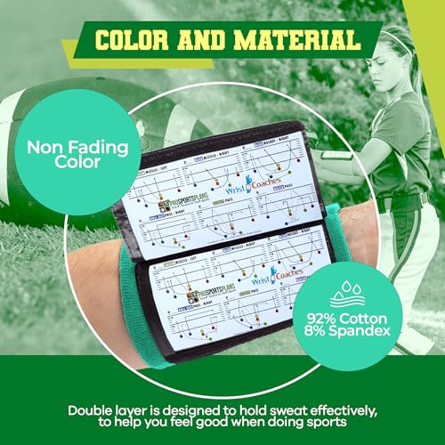 Football Play Wristbands - Youth Quarterback Gear - Wristband Playbook for Football and Softball Signs - color: Green