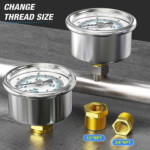 0~15Psi Dry Low Pressure Gauge Stainless Steel 1/4" NPT 2" FACE DIAL Waterproof for Water Oil Air Well Pump Tank Tire Pressure Test Back Mount, with 1/2" NPT and 3/8" NPT Hex Bushing - size: 0-15Psi