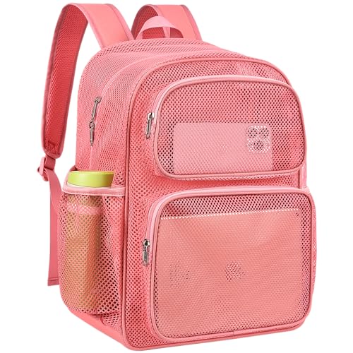 MAY TREE Mesh Backpack Heavy Duty Big Mesh Bag Large Capacity for Travel Beach Hiking Outdoor Sports with Paded Strap, Pink - color: Pink