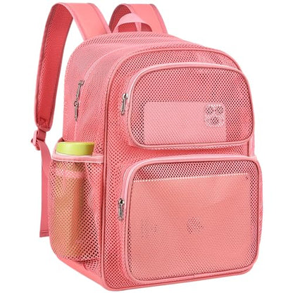 MAY TREE Mesh Backpack Heavy Duty Big Mesh Bag Large Capacity for Travel Beach Hiking Outdoor Sports with Paded Strap, Pink - color: Pink