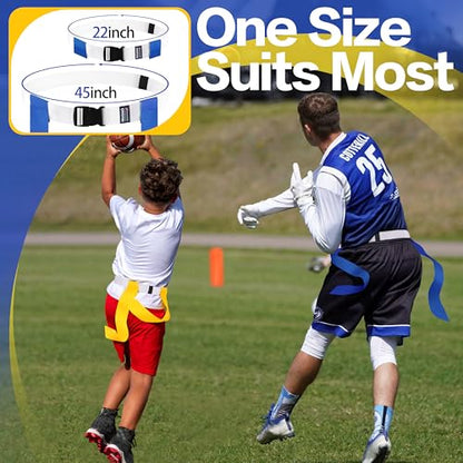 Flag Football Belts and Flags, 28 Player Bundle with Red, Yellow, and Blue Flags, Adjustable Black and White Belts, Ideal for Kids and Adults