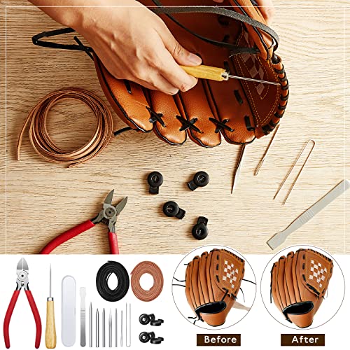 Fabbay 16 Pcs Baseball Glove Lace Kit Glove Relacing Kit 2 Pcs 78.74 Inch Leather Laces 4 Pcs Glove Lace Locks 7 Pcs Lacing Needle Leather Cutter Scratch Awl Tool for Baseball Repair - color: Black and Brown