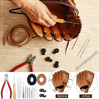 Fabbay 16 Pcs Baseball Glove Lace Kit Glove Relacing Kit 2 Pcs 78.74 Inch Leather Laces 4 Pcs Glove Lace Locks 7 Pcs Lacing Needle Leather Cutter Scratch Awl Tool for Baseball Repair - color: Black and Brown