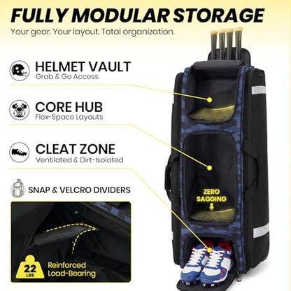 100L Rolling Catchers Gear Bag for Baseball Softball, Tactical Strike Edition, Fits Full Set & 8 Bats, All-Terrain Wheels, Stand-Up Base, Vented Shoe Zone, Reflective Strip, Fence Hooks