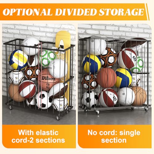 Hencawima Large Garage Ball Storage, Rolling Floor Sports Equipment Organizer: Freestanding Ball Rack with Elastic Rope–, Ball Holder for Basketball, Soccer, Football, Volleyball, Garage, Gym, Black - size: Large, style: With Wheels,Rectangle