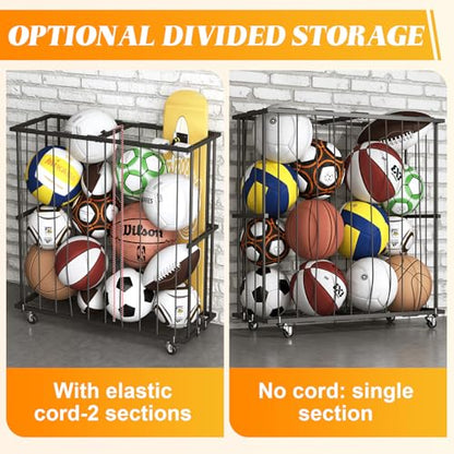 Hencawima Large Garage Ball Storage, Rolling Floor Sports Equipment Organizer: Freestanding Ball Rack with Elastic Rope–, Ball Holder for Basketball, Soccer, Football, Volleyball, Garage, Gym, Black - size: Large, style: With Wheels,Rectangle