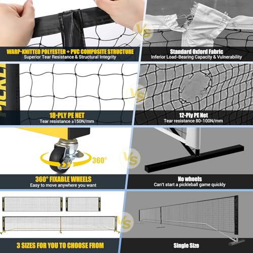 Fostoy Pickleball Set Net with Wheels, Portable 3in1 Pickle Ball Net with Carry Bag- 3 Size Options, Designed for All Weather Conditions, Steady Metal Frame & Take Down for Practice & Games