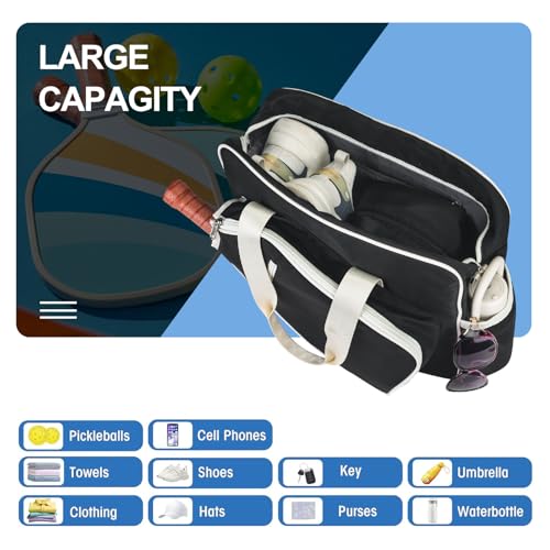 LAKE OF FIRE Pickleball Tote Bag for Women Men with Adjustable Shoulder Strap Fence Hook Crossbody Handbag Shoulder Bag Pickleball Gift Stylish Sport Tote - color: Black, style: 2pcs Set