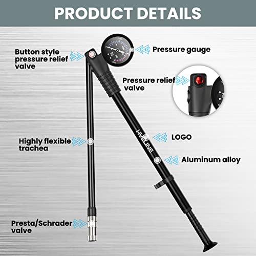 Hycline Shock Pump for Mountain Bike, High Pressure 300 Psi for Front Fork and Rear Bicycle Suspension Air Pump with Gauge Fits Schrader & Presta Tire Valve - color: Black