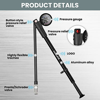 Hycline Shock Pump for Mountain Bike, High Pressure 300 Psi for Front Fork and Rear Bicycle Suspension Air Pump with Gauge Fits Schrader & Presta Tire Valve - color: Black