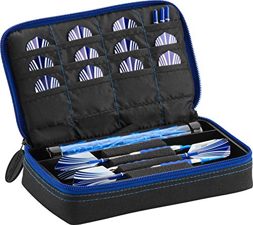 Casemaster Plazma Dart Case for Soft and Steel Tip Darts, Holds 3 Darts and Features Built-In Storage Tube and Pockets for Flights, Tips, Shafts, and Personal Items - color: Sapphire Trim