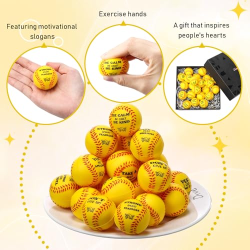 Blulu 30 Pieces Mini Softball Stress Balls with Motivational Quotes Baseball Party Favors Sport Squeeze Foam Balls Yellow Baseball Fidget Toys for Anxiety Relief Birthday Gift Carnival Party Supplies