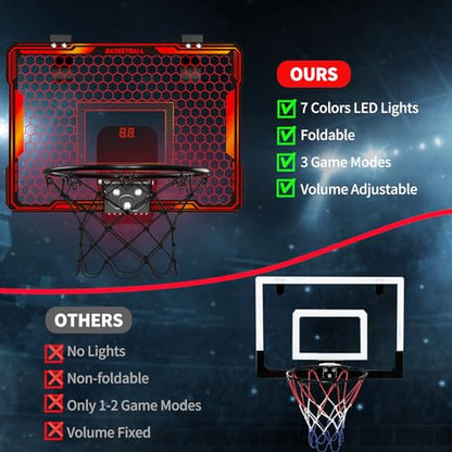 HYES Basketball Hoop Indoor, Mini Basket Ball Hoop with 7 LED Lighting, Scoreboard, Over Door Basketball Hoop with 3 Modes, Volume Adjustable, Foldable, Basketball Toys Gifts for Kids Adults - size: red- without remote controller