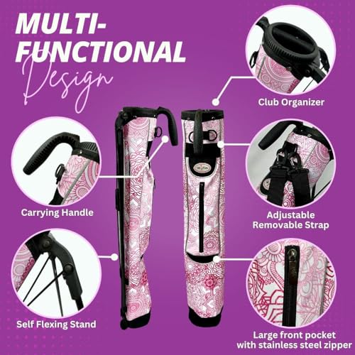 Taboo Fashion Sunday Golf Bags for Women - Lightweight Golf Range Bag with Self Flexing Stand and Shoulder Strap for Driving Range, Par 3 or Executive Course - color: Pink Mandala