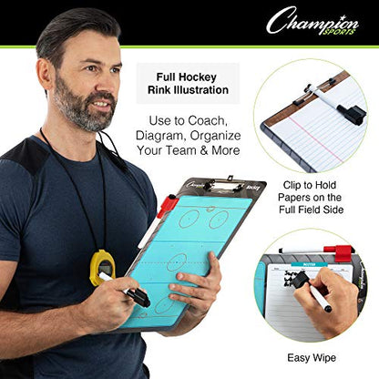 Champion Sports Large & XL Dry Erase Board For Coaching - Whiteboards for Strategizing, Techniques, Plays - 2-Sided Boards with Front Side Full Field - Backside Half Field and Lineup - color: Hockey, style: Standard Coaches Board