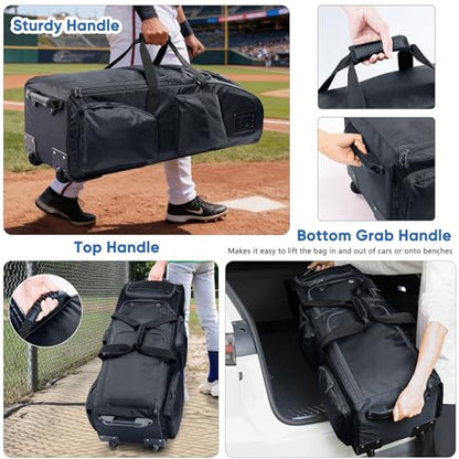 Rolling Baseball Bat Bag with Wheels, Large Capacity Gear Bag Holds 4 Bats, Reinforced Hard Base & Structured Back Panel, Top & Bottom Grab Handles, Shoe & Helmet Compartments for Youth &Adult Players - color: Black