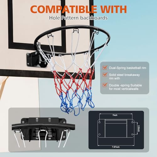 18" Basketball Rim Replacement, Wall Door Mounted Basketball Rim, Double Spring Solid Basketball Rim Replacement with Net Fits In-Ground & Wall-Mounted Basketball Hoops, Indoor/Outdoor - color: Black