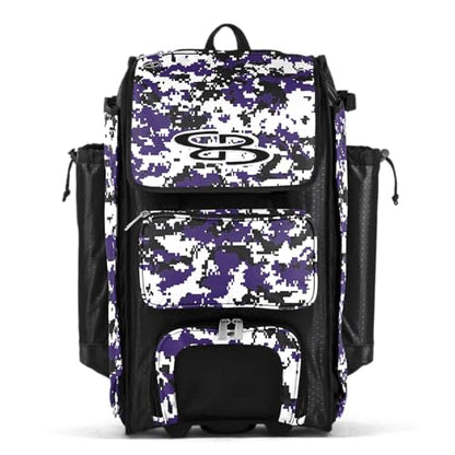 Boombah Catchers Superpack Hybrid Rolling Digital Camo Bat Bag - Multiple Colors - Wheeled & Backpack Version - color: Black/Purple