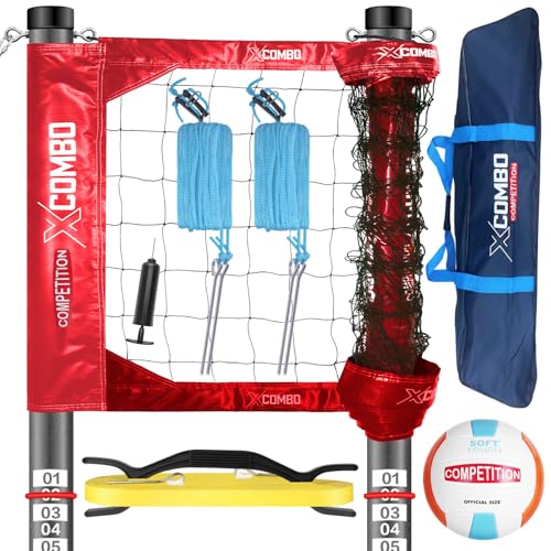 Professional Volleyball Net Set Heavy Duty for Outdoor Backyard Portable with Aluminum Adjustable Height Scoring Poles, Regulation Nets System for Tournament, Grass - color: Red