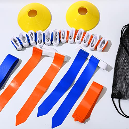 Flag Football Set, 14 Player Adjustable Belts with Cones Includes 14 Easy Tear Away Belts, 28 Football Flags, 12 Cones, 1 Carrying Bag for Youths, Adults Sport Team Training - style: Blue, Orange