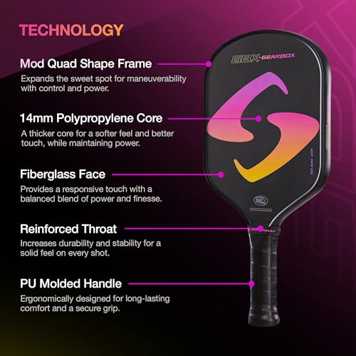 Gearbox GBX Quad Mod 14mm Pickleball Paddle – Textured Glass Fiber Face, Enhanced Spin & Control, PU Molded Handle, 14mm Poly Core – Lightweight, Durable, High-Performance Paddle