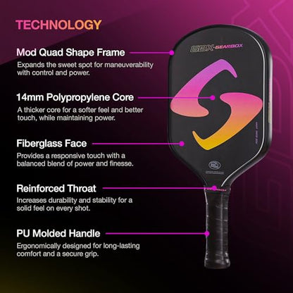 Gearbox GBX Quad Mod 14mm Pickleball Paddle – Textured Glass Fiber Face, Enhanced Spin & Control, PU Molded Handle, 14mm Poly Core – Lightweight, Durable, High-Performance Paddle