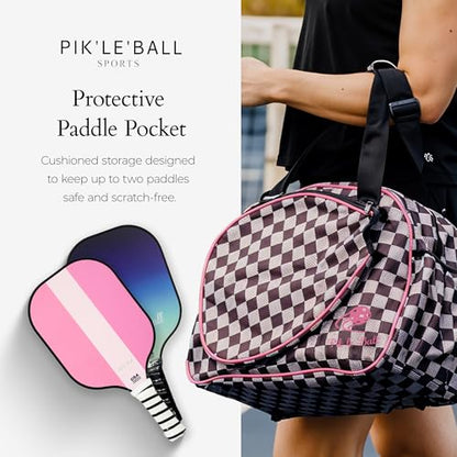 Pik’le’Ball Sport Premium Women's Pickleball Bag – Stylish and Versatile Sports Bag with Water Bottle Holder, Padded Paddle Pocket, and Spacious Design (fits 2+ Paddles!) - color: Checkered Chic Black