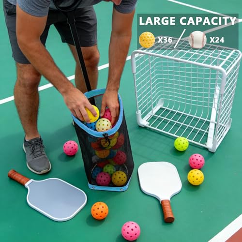 Tennis Ball Hopper, Holds 40+ Pickleballs or 50+ Tennis Balls, Lightweight Durable Steel Frame, Portable Adjustable Ball Picker（Excluding Ball） - color: Blue