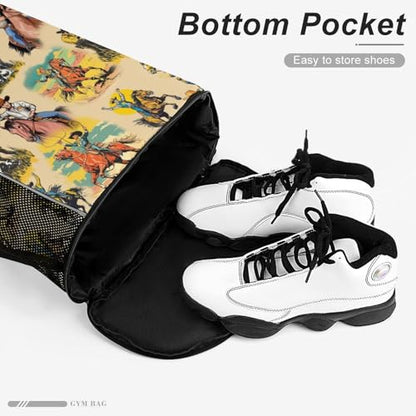 Western Drawstring Backpack Gym Bag With Shoe Compartment String Bag Sport Beach Swimming Sackpack For Women Men - color: Western
