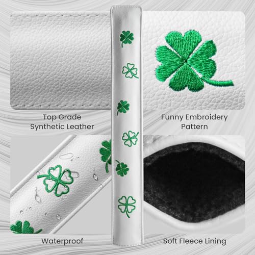 FINGER TEN Golf Alignment Stick Cover Headcover Rods Holder Case Leather 14''× 2'' in USA Black White Green Hold At Least 2 Sticks - color: White-Lucky Clover