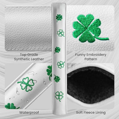FINGER TEN Golf Alignment Stick Cover Headcover Rods Holder Case Leather 14''× 2'' in USA Black White Green Hold At Least 2 Sticks - color: White-Lucky Clover