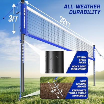 Haokelball Outdoor Volleyball Net Set for Backyard, 32FT Regulation, 3-Level Adjustable Height & Anti-Sag Tension System, Heavy Duty Thick Poles, Includes Volleyball, Pump, Boundary Line and Carry Bag - color: A-Blue