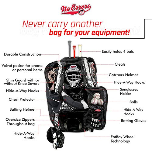 No Errors NO E2 Wheeled Catchers Gear Bag - Large Baseball and Softball Bag for Catcher’s Equipment with Fatboy Wheels - color: Purple