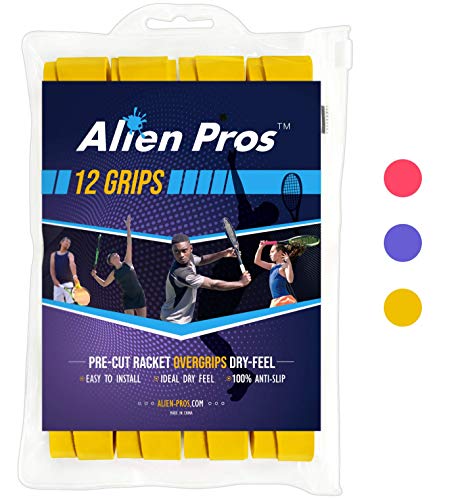 ALIEN PROS Tennis Racket Grip Tape - Precut and Dry Feel Tennis Grip - Tennis Overgrip Grip Tape Tennis Racket - Wrap Your Racquet for High Performance - color: 12-Pack Yellow