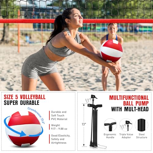 12Ft Beach Volleyball Net for Backyard, Portable Net Set, Freestanding Volleyball Training Equipment with Pump, Bag, Sports Game for Outdoor Indoor, Height Adjustable