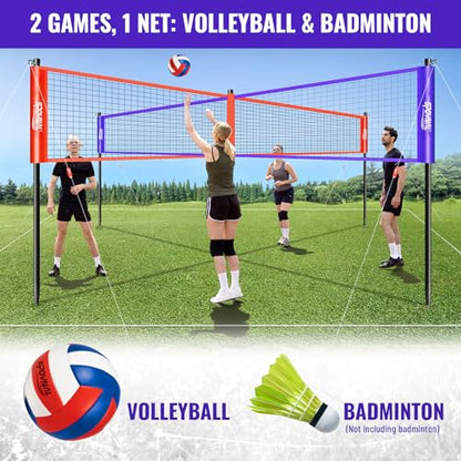 SPOYNAL 14FT 4 Way Volleyball Net Set, 4 Square Volleyball Game Set with Adjustable Height 7/5.3/3.5 FT, Outdoor Games for Backyard, Beach, Park with Volleyball & Carry Bag