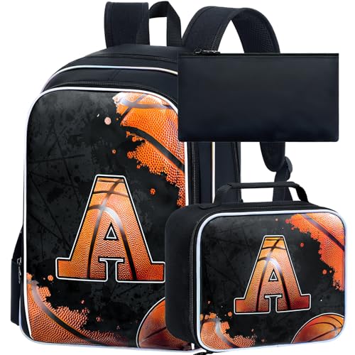 3PCS Basketball Backpack for Boys, 17" Kids Bookbag Water Resistant and Lightweight with Lunch Box for Teen