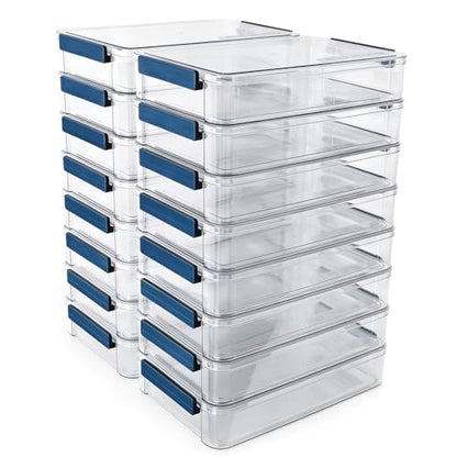 CATOOMUU 16 Pack Clear Plastic Storage Boxes with Lids, 9x13 Inches Shallow Flat, 5.5 Qt, Stackable Cases with Snap-Tight Latch, Organizer for Paper, A4 Files, Documents, Arts, Scrapbooking & Crafts - color: Large-Blue-16packs