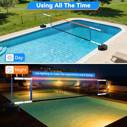 Pool Volleyball Net, Swimming Pool Volleyball Net with LED Light, 15-32FT Adjustable Length for All Pools, Portable 2 Water Volleyball & Pump for Family Pool Party Game Indoor/Outdoor