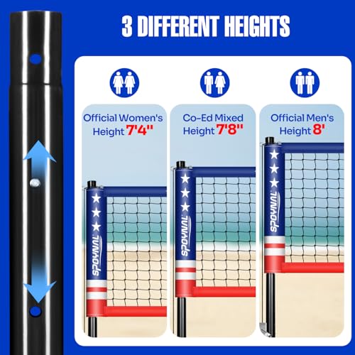 SPOYNAL Outdoor Portable Volleyball Net Set with Adjustable Height Steel Poles, Volleyball, Anti-sag Winch System, Pump, Boundary Line, and Carry Bag for Backyard, Beach, Lawn Red&Blue