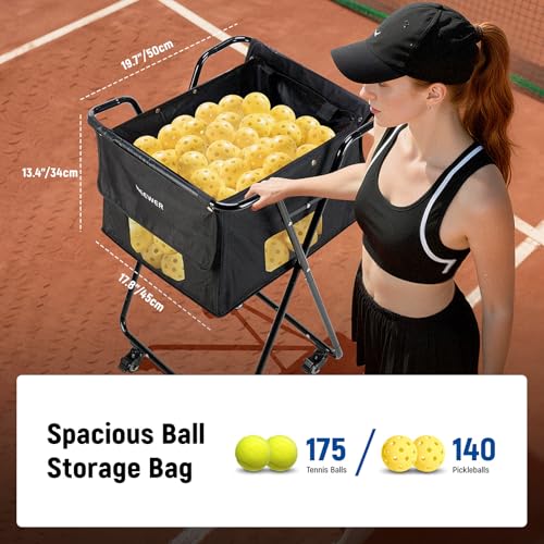 NEEWER Tennis Ball Hopper, Pickleball Retriever Collector Basket Cart Holder Tennis Court Equipment Accessory for Training Teaching - style: PB01X Bag/Cart