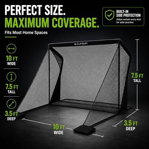 Golf Practice Net – Compact Golf Hitting Net with Steel Frame and Side Net Protection – Indoor & Outdoor Golf Training Net for Backyard, Garage, or Simulator Use 7.5 & 10 ft - size: 10 Feet Wide